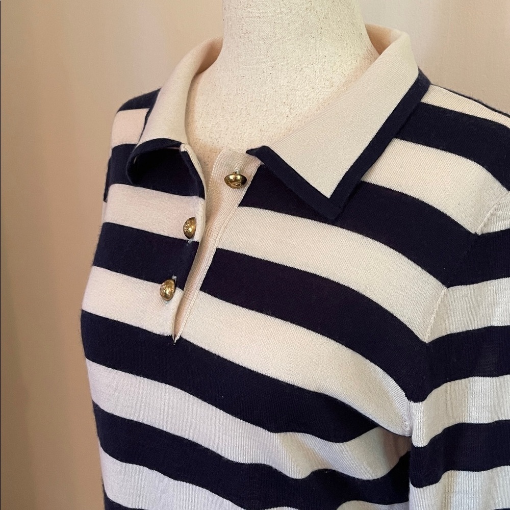 FRAME Wool Cashmere Striped Sweater Navy Ivory Gold Button Pullover Women’s L - Picture 2 of 5